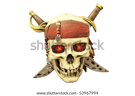 Sculpture of a skull with knifes, a beads and a kerchief c burning eyes
