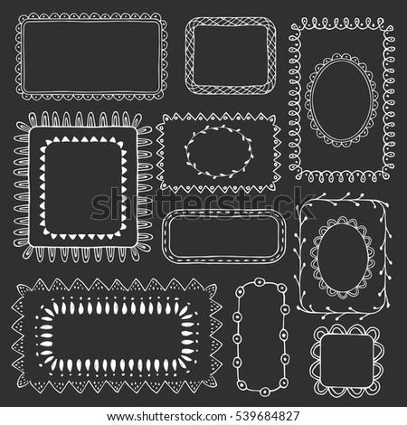 Set of hand drawn doodle borders. Collection of white editable squared frames on black background. Vector illustration