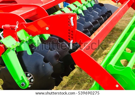 Agriculture equipment concept. Detailed closeup of disc harrow, agricultural machinery. Outdoor shot