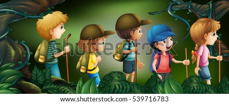 Five kids hiking in the woods illustration
