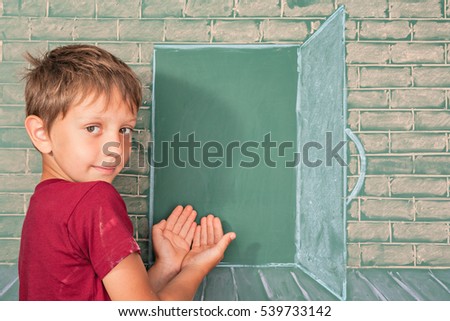 Education concept with little boy inviting with gesture to magic school