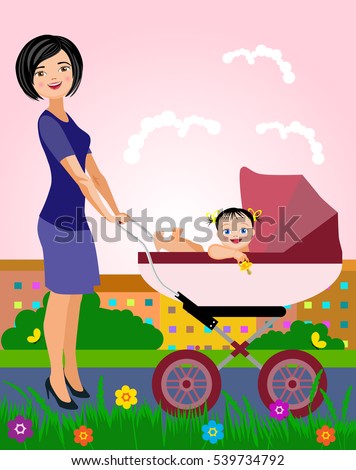 Vector Illustration. Mother with baby in stroller. 

