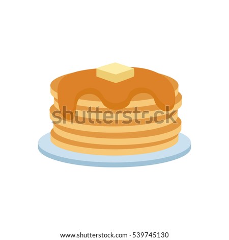Pancakes on plate with cream and maple syrup sweet vector illustration. Tasty holiday cake food isolated on white Royalty-Free Stock Photo #539745130
