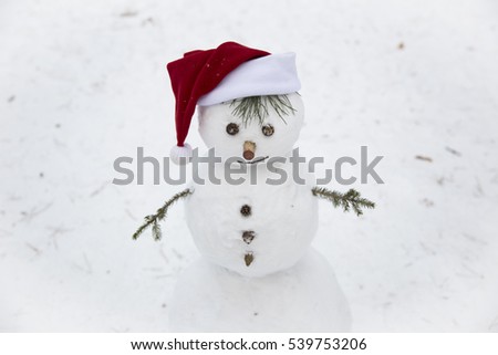 a smiling snowman with hands out of pine twigs in the red hat of Santa Claus on a snow background