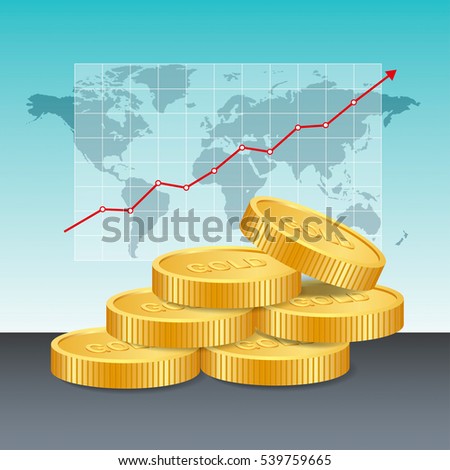 Gold price concept. Golden coins price growing up graph and chart with world map background. vector illustration.