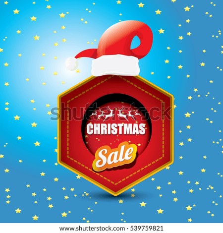 vector Christmas sales tag or label with red santa hat. Red winter Christmas sale poster or background