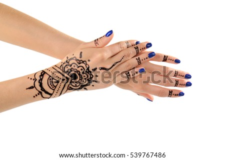 Female hands with henna tattoo, isolated on white