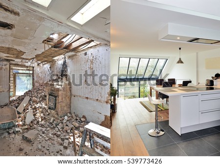 Modern open kitchen in renovated house with view on a lush garden, before and after Royalty-Free Stock Photo #539773426