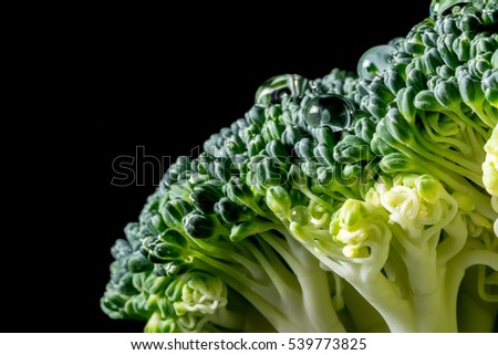 Fresh green broccoli with water drops macro isolated close-up on a black background