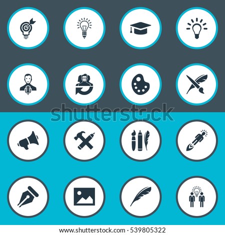 Set Of 16 Simple Creative Thinking Icons. Can Be Found Such Elements As Pencil, Lightbulb, Performance And Other.