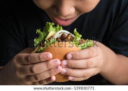 Asian happy boy eating hamburger. Burger made of fried insect meat and full face with Spices, Vegetables, Lettuce, tomato, Cheese, Fried chicken. Closeup, Select focus.