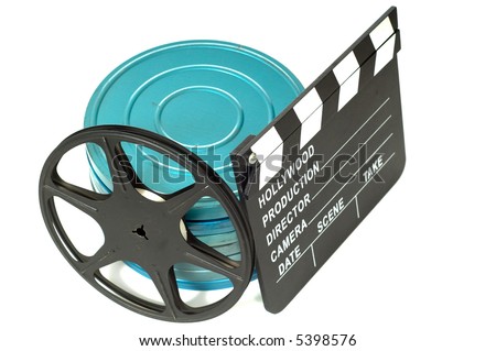 Movie items including a clapboard, reel and movie tins on white background