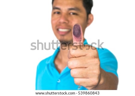 man show blue color on fingerprint on white background, right to vote, Election Campaign, Fingerprint Identification Individuality Concept /