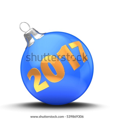 3d illustration of blue Christmas ball over white background with 2017 year sign