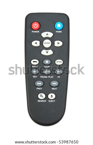 Single infrared remote control for media center. Isolated on white background. Close-up. Studio photography.