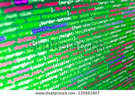Computer script typing work.  PC software creation business. Abstract source code background. Innovative startup project. Mobile app developer. 
