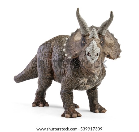 Triceratops, front view dinosaurs toy isolated on white background with clipping path. Genus of herbivorous ceratopsid dinosaur. Royalty-Free Stock Photo #539917309
