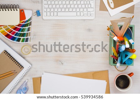 Conceptual image of graphic designer workplace, top view
