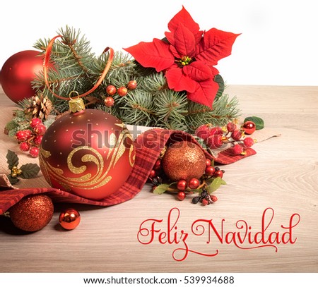 Wooden background with poinsettia and decorated Christmas tree twigs, text on the picture means "Merry Christmas" in Spanish.
