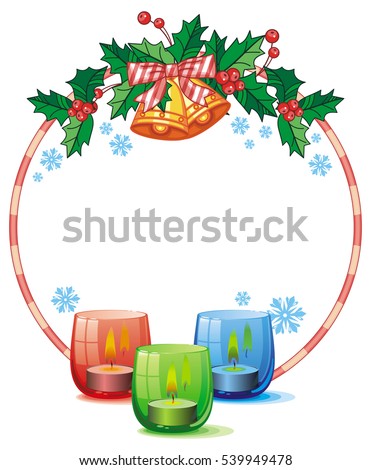 Round frame in shape of Christmas garland and lighted candle in the glass candle holder. Copy space. Vector clip art.