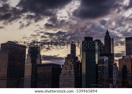 Skyscraper buildings at sunset in Manhattan in New York City