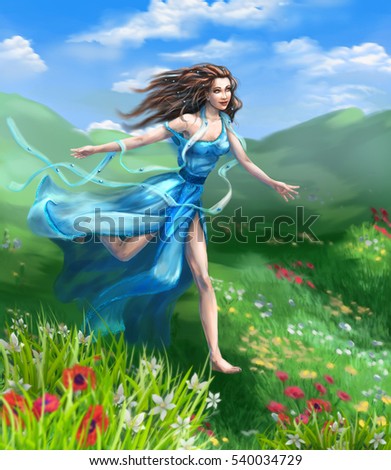 Fantasy illustration. Happy girl in blue long dress runs on meadow flower against the wind.