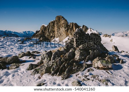 Panoramic view on Alps. Winter mountains in Les deux Alpes, France