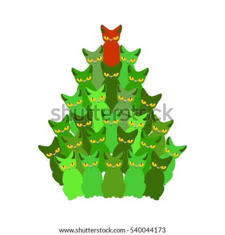 Fir-tree of cats. Spruce of pet. Christmas tree from cat. New Year illustration. Hmas pattern of cute animal