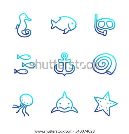 Sea line icons isolated over white, shark, fish, shell, seahorse, medusa, starfish, anchor, diving mask