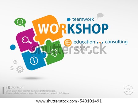 Workshop word cloud on colorful jigsaw puzzle. Infographic business for graphic or web design layout  Royalty-Free Stock Photo #540101491