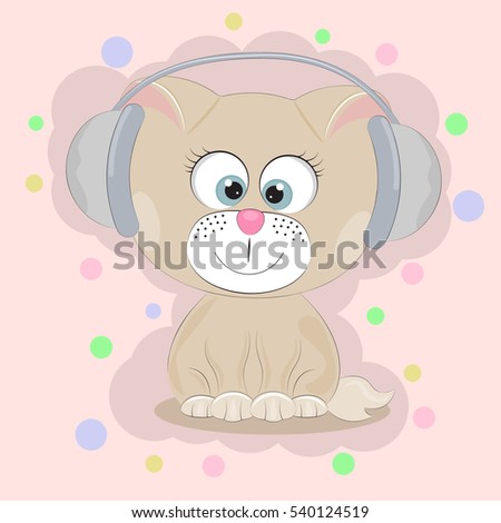 Good cute cat listening to music. Greeting card.Yellow background