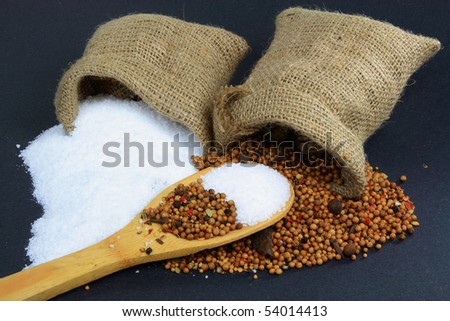 Picture of Spilled Pickling Salt, which is fine grain not iodine sea salt and Pickling Spice, which is mixed from different herbs, from Burlap sacks over cooking spoon on black background.