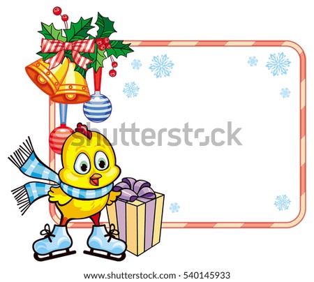 Cute chicken in funny hat ice skating. Christmas holiday frame. Copy space. Raster clip art.