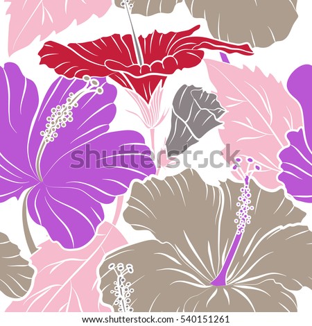 Floral vector on a white background. Tropical floral seamless pattern with hibiscus flowers in violet and red colors.