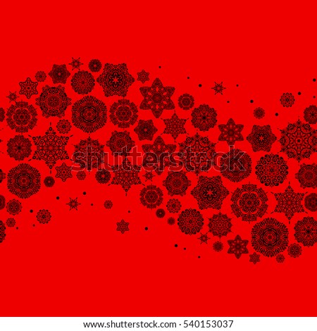 Illustration. Snowflakes, snowfall. Beautiful vector snowflakes isolated on red background. Falling Christmas stylized snowflakes.