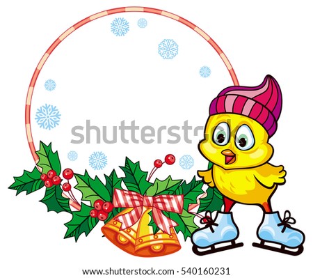 Cute chicken in funny hat ice skating. Christmas holiday round frame. Copy space.  Raster clip art.