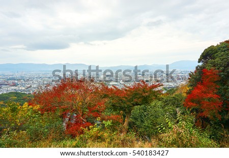 Color of Japanese's autumn forest in a very dusky day. Colorful of autumn season in cloudy morning. City of Kyoto was seen as background of the picture.