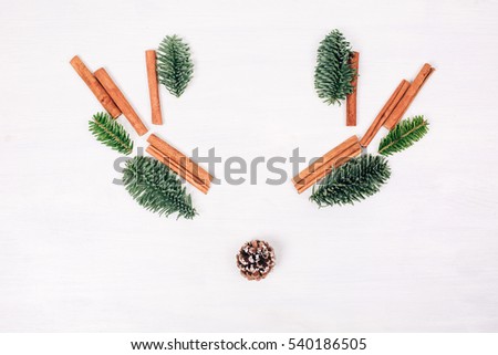 Deer face made of fir branches, cinnamon sticks and pine cone. White wooden rustic background. Winter flat lay style picture.