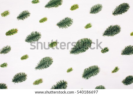 Winter flat lay style picture. Natural christmas pattern made of fir branches. White wooden rustic background