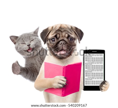 Funny cat and smart puppy with book and smartphone. isolated on white background