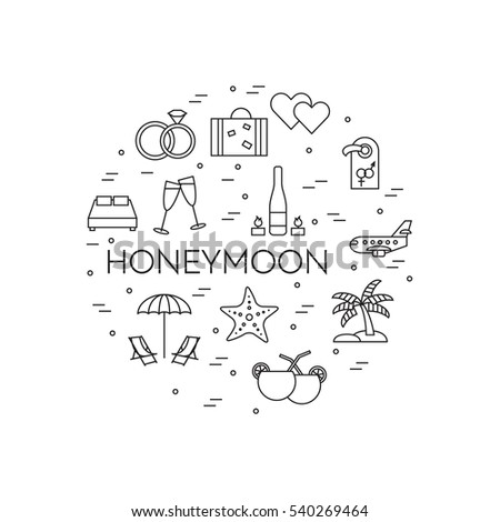 Honeymoon line banner with love and romantic date theme pictograms isolated on white background. Elements of love for greeting card in vector illustration.