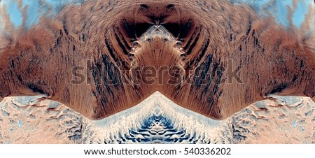 sand wave, Tribute to Dalí, abstract symmetrical photograph of the deserts of Africa from the air, aerial view, abstract expressionism,mirror effect, symmetry,kaleidoscopic photo,