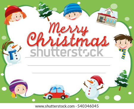 Christmas card template with kids and trees illustration