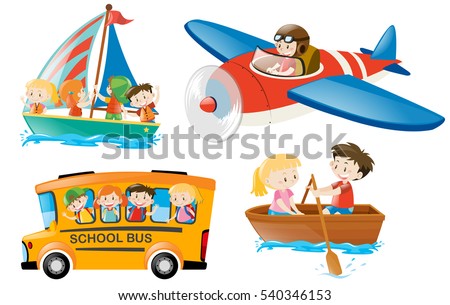 Kids riding on different types of transportation illustration