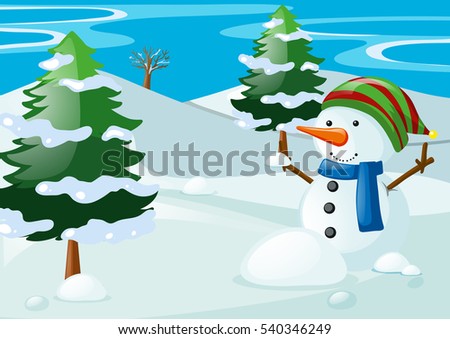 Scene with snowman in the snow field illustration