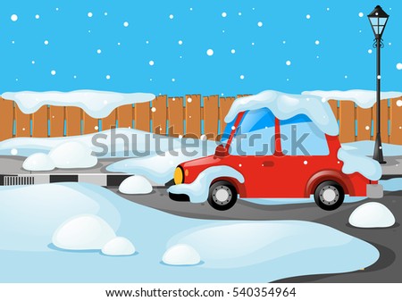 Road scene with car covered by snow illustration
