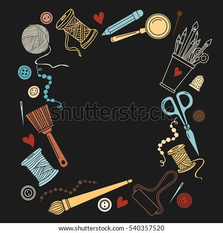 Arts and crafts sewing hand drawn supplies, tools, design elements, icons set isolated on black background