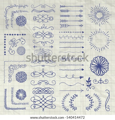 Set of Black Hand Drawn Doodle Design Elements. Rustic Decorative Borders, Dividers, Arrows, Swirls, Scrolls, Corners, Objects on Crumpled Notebook Texture. Illustration