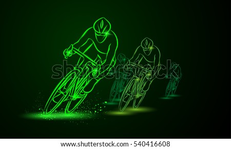 Cycling race. Front view. Bike competition. Group of cyclists go one after the other. Vector neon illustration.