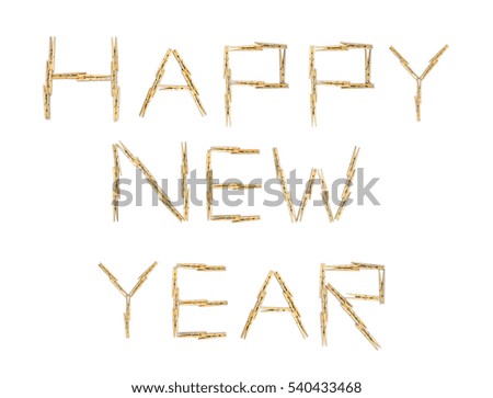 Happy new year text with clothespins isolated on white